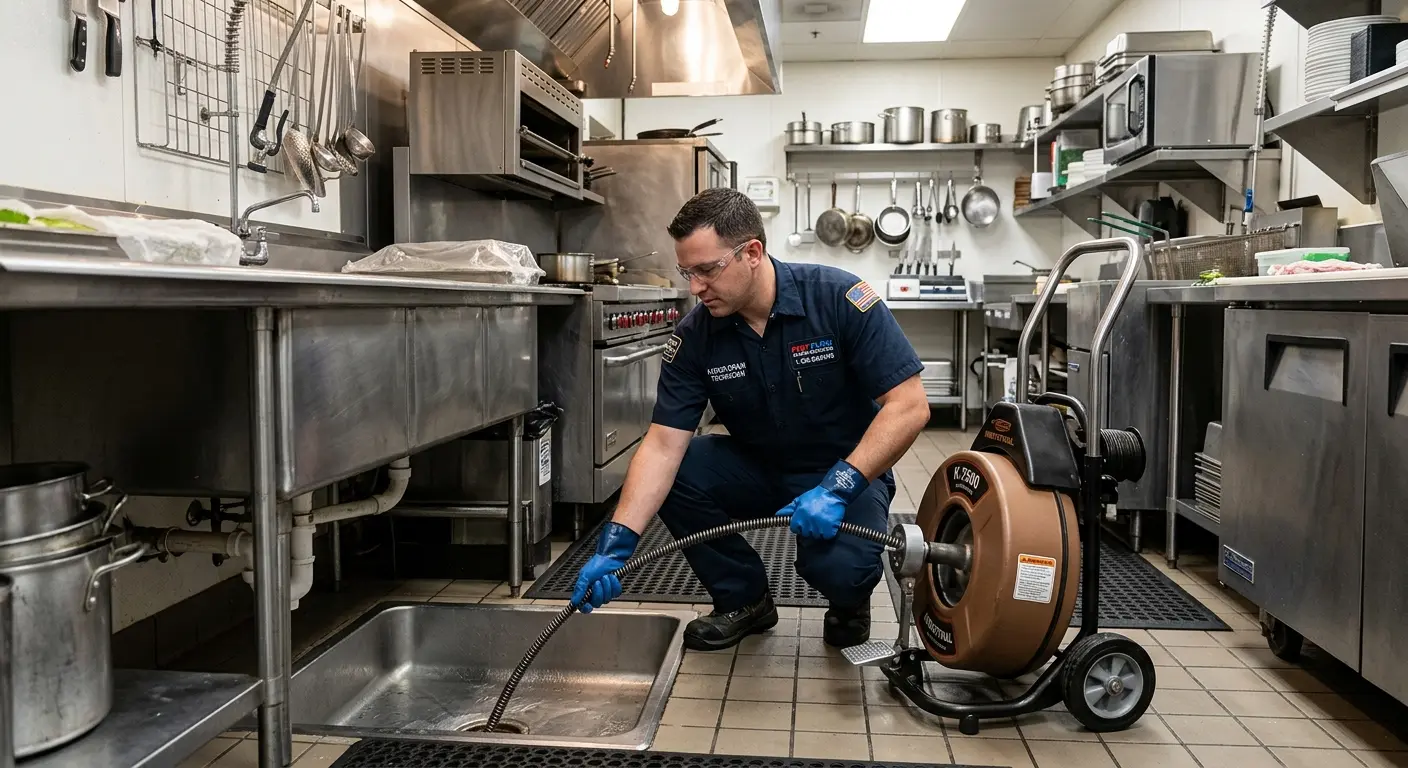 Commercial drain cleaning service in a restaurant kitchen in Pequea