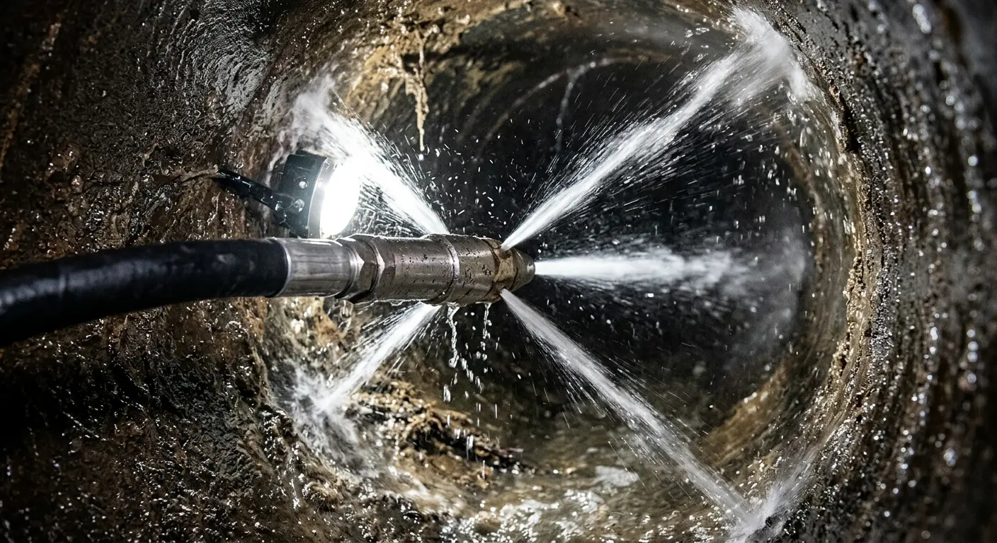 High-pressure hydro jetting nozzle cleaning sewer pipe for Trenchless Sewer Repair in Pequea