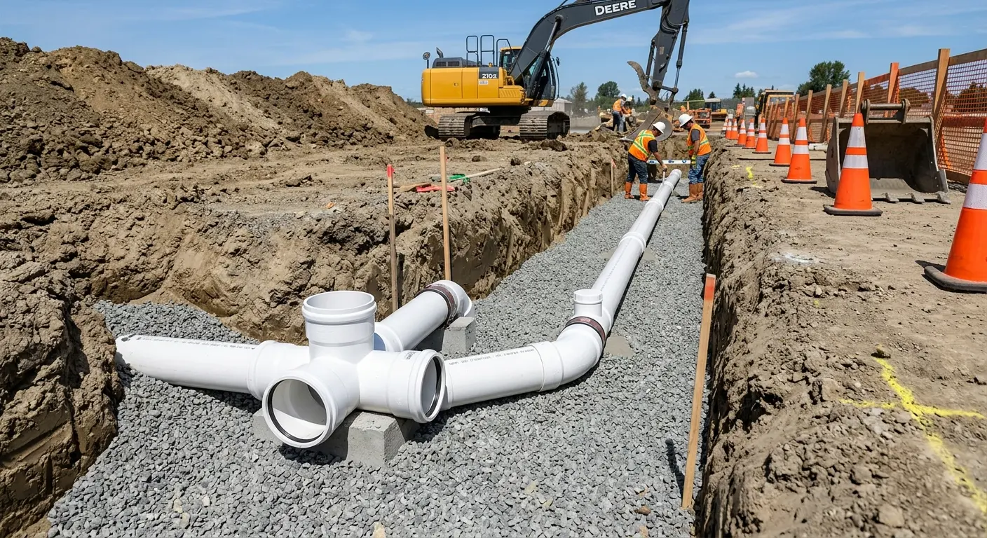 New PVC sewer pipe installation in open trench for Commercial Drain Cleaning in Pequea