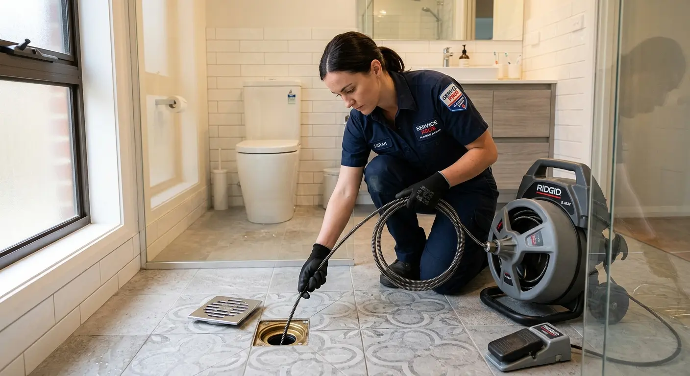 Technician clearing a bathroom floor drain for Clogged Drain Repair in Pequea